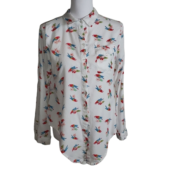 White Parrot Print Blouse Sz L Tie Front Roll-Tab Sleeves Light Novelty *STAIN* - Picture 3 of 12